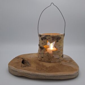 Boomstam Waxinelichthouder van Berkenhout met glas & houten plateau