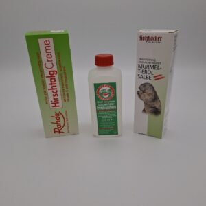 Large Cadeaupakket – Latschenkiefer-Franzbranntwein, Murmeltieröl Zalf en Hirschtalg Crème